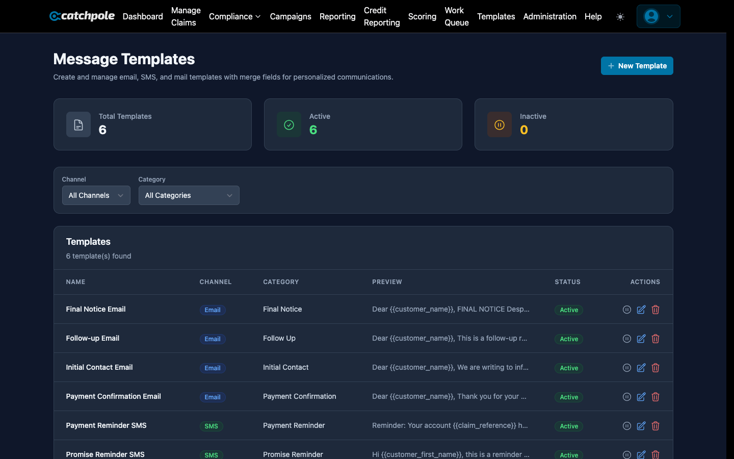 Template editor with variable insertion and preview