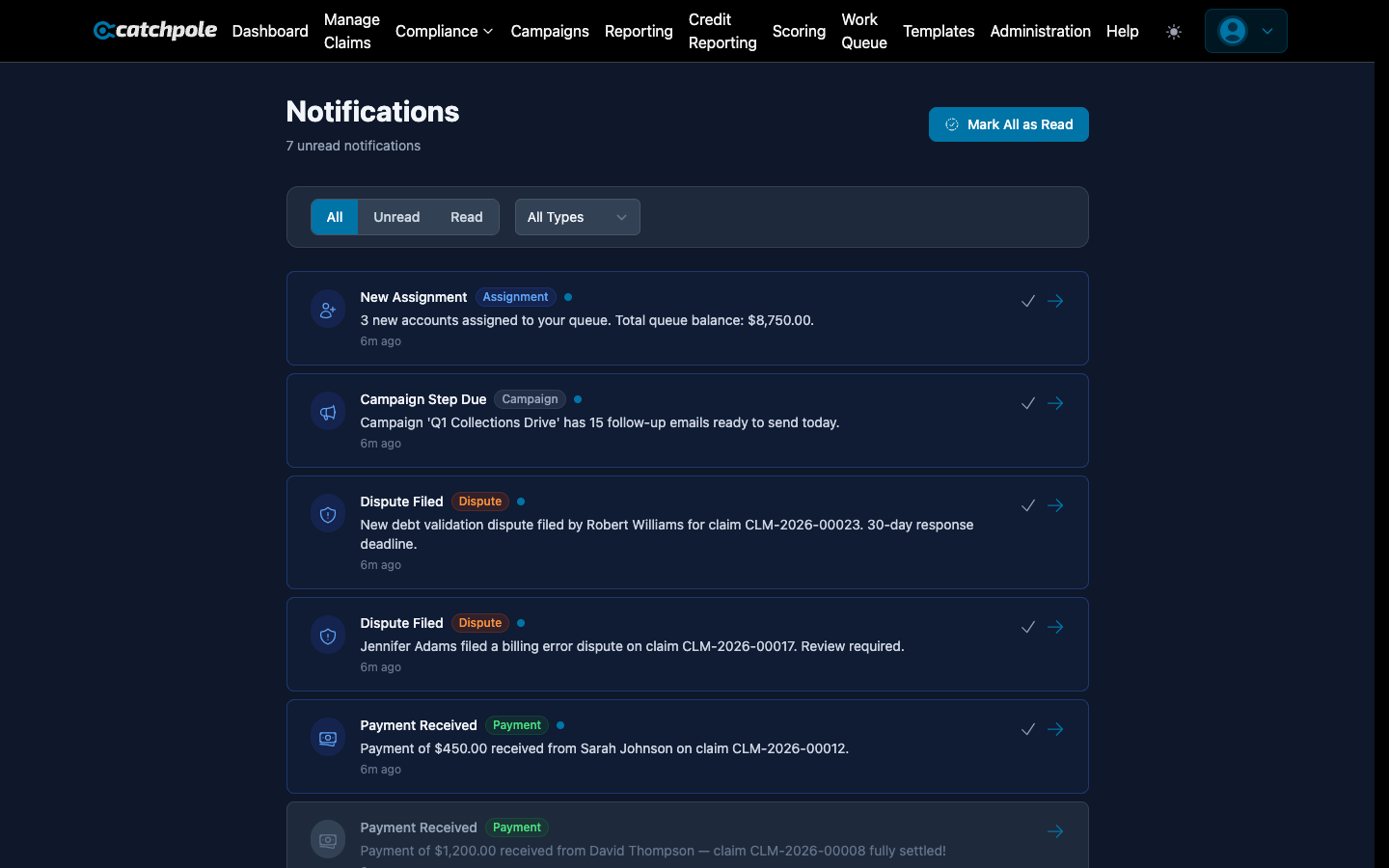 Notification center with filters and real-time alerts