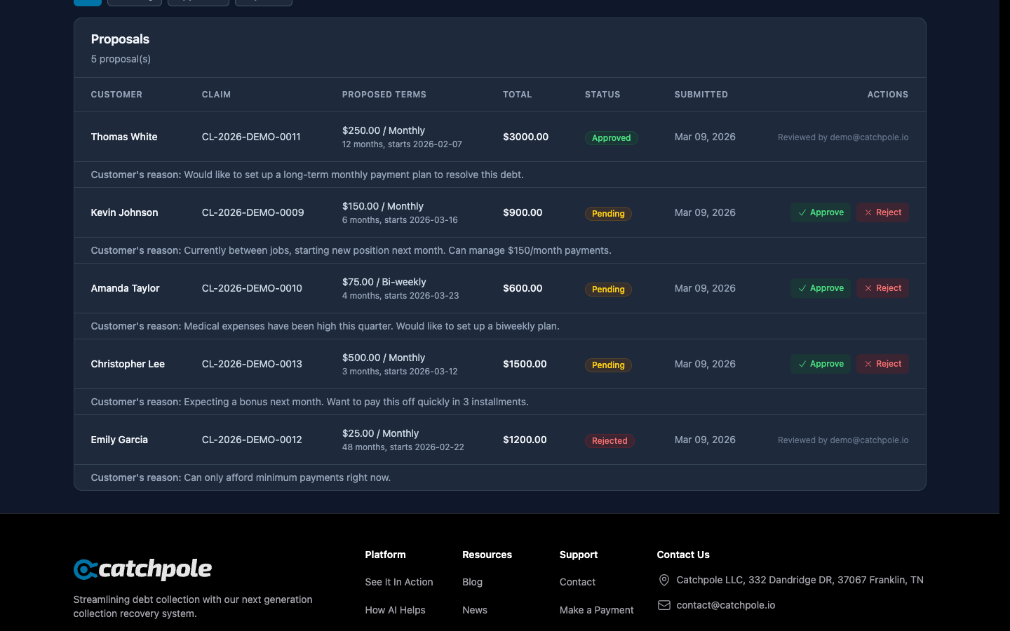 Payment plan proposal cards with terms and status
