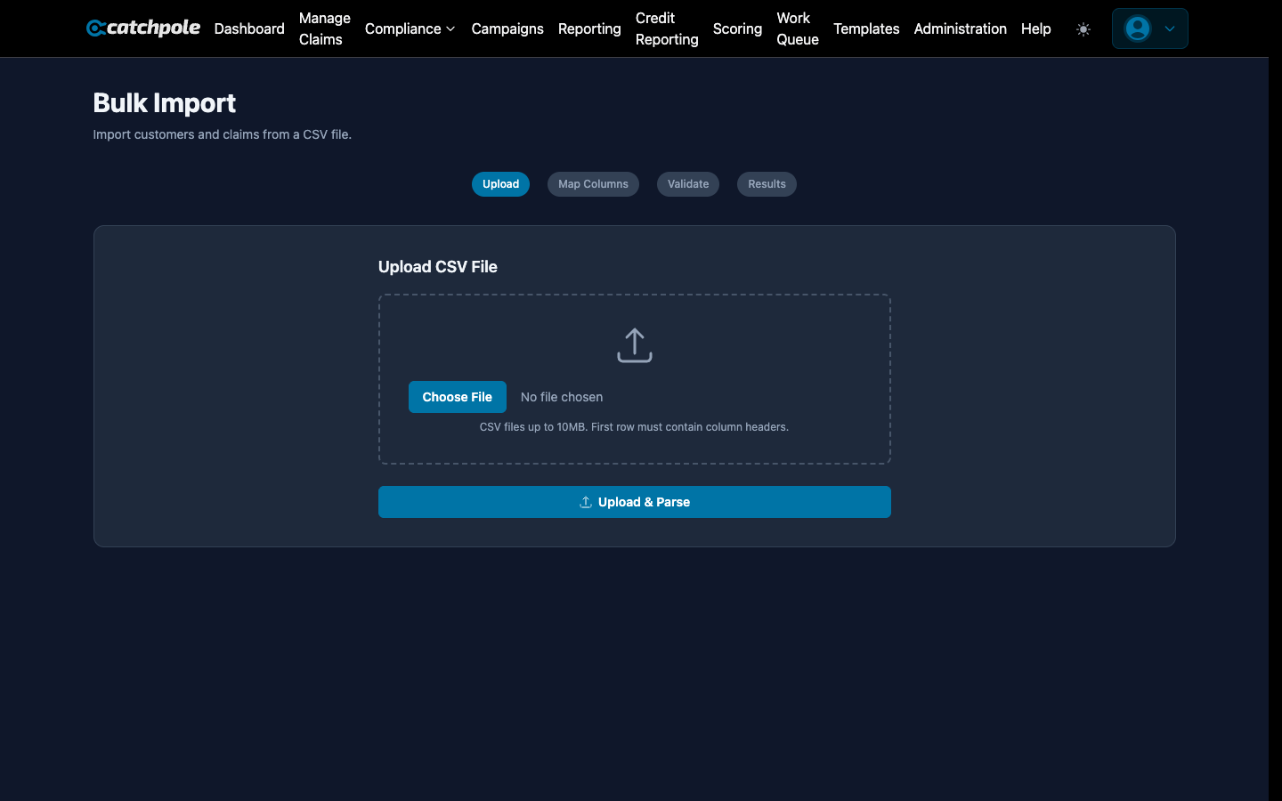 Bulk import wizard with file upload and column mapping