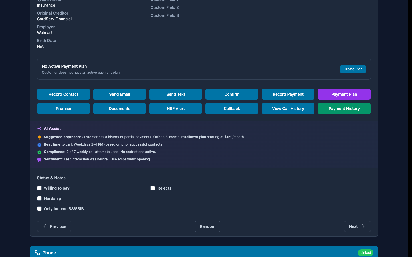 AI coaching panel with suggested approach and compliance status