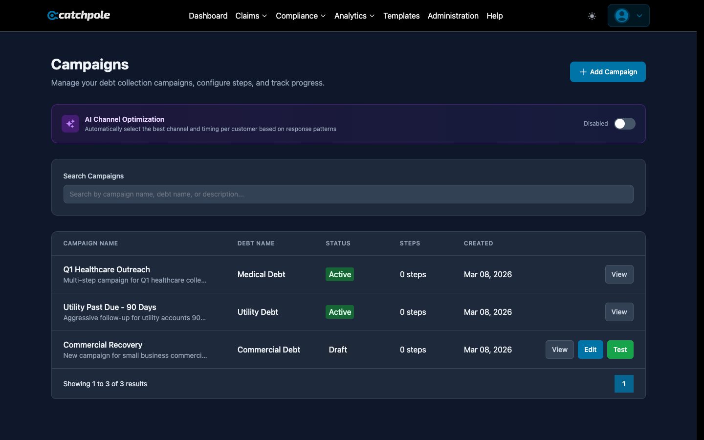 AI channel optimization toggle on the campaign builder