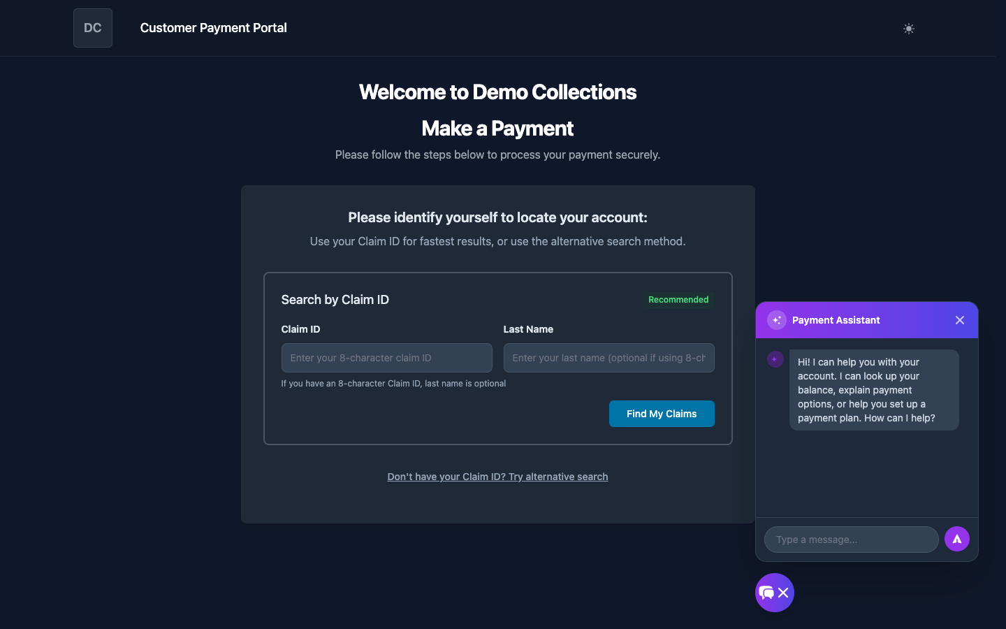 AI payment assistant chatbot on the customer portal