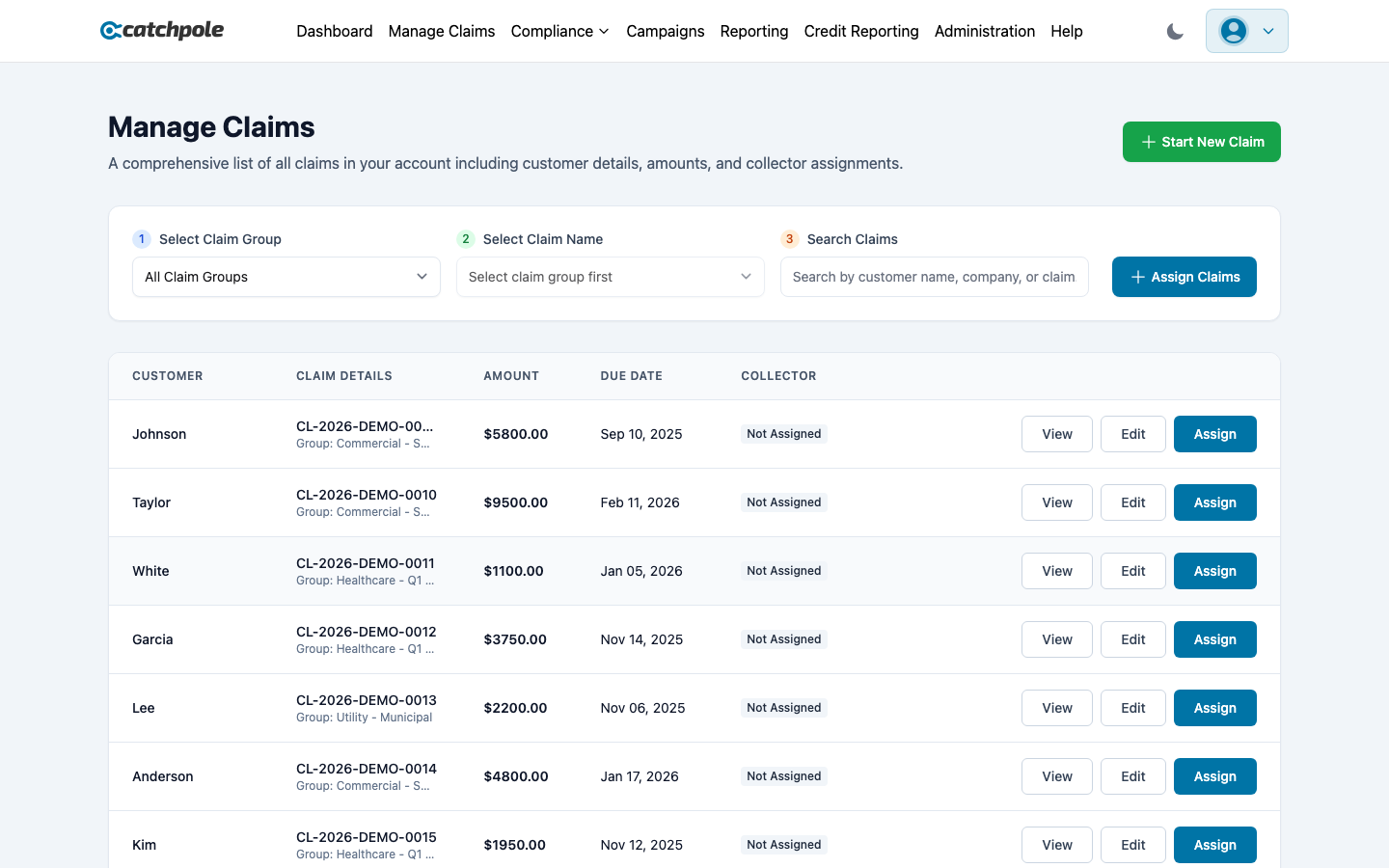 Claims management table with filtering and assignment tools