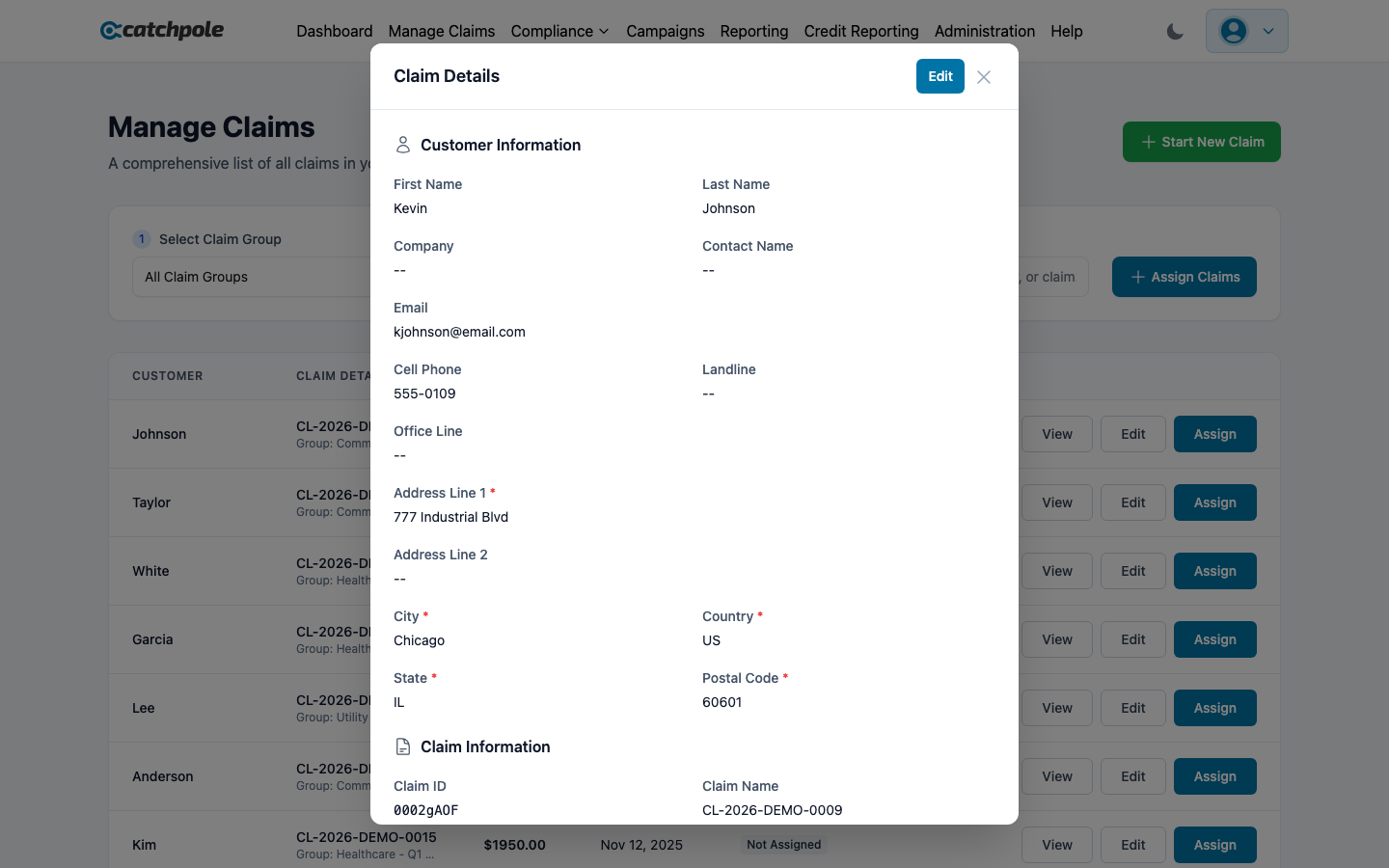 Detailed claim view with payment history, contacts, and documents