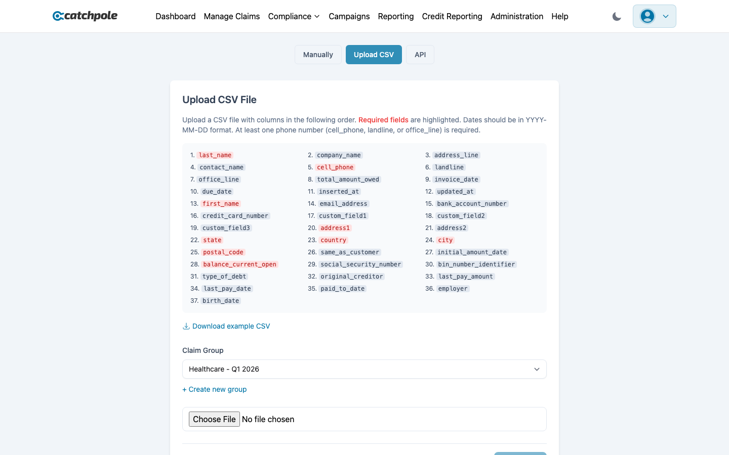 CSV import with column mapping and validation