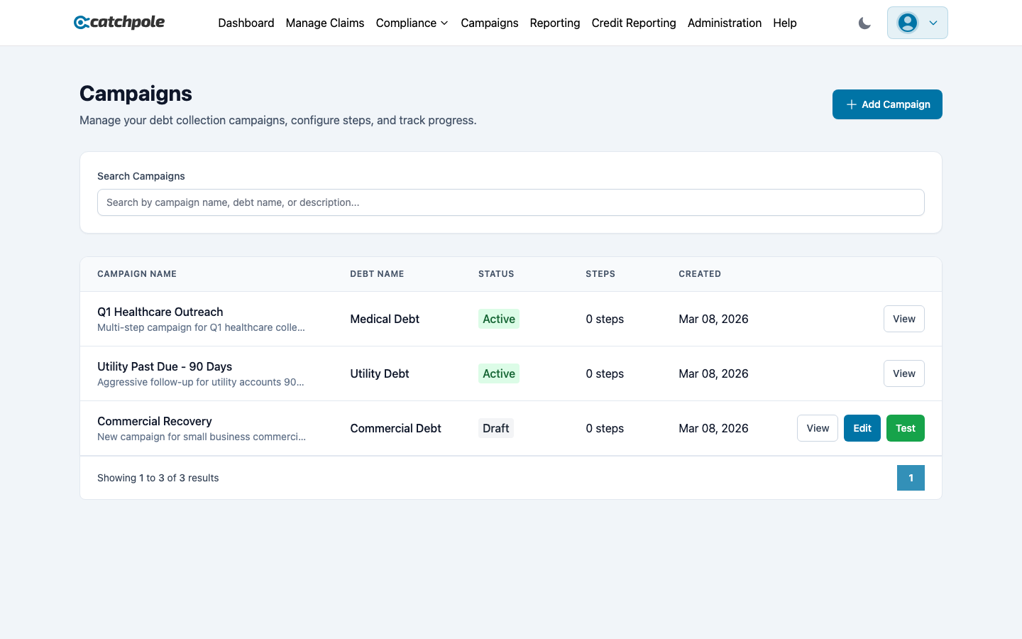 Campaign list with status, steps, and AI optimization toggle
