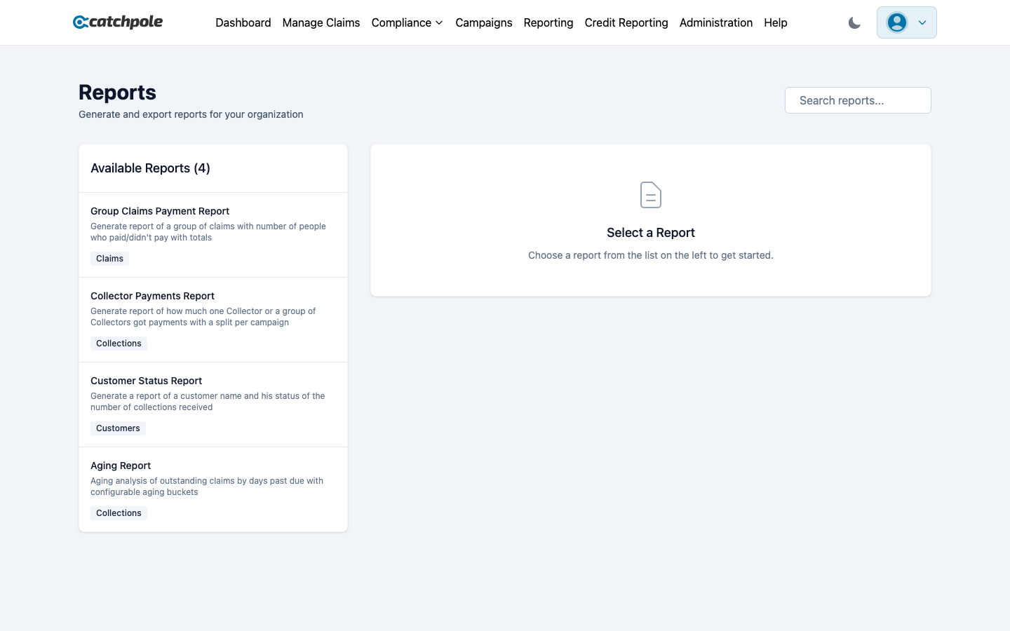 Reporting dashboard with collection and performance metrics