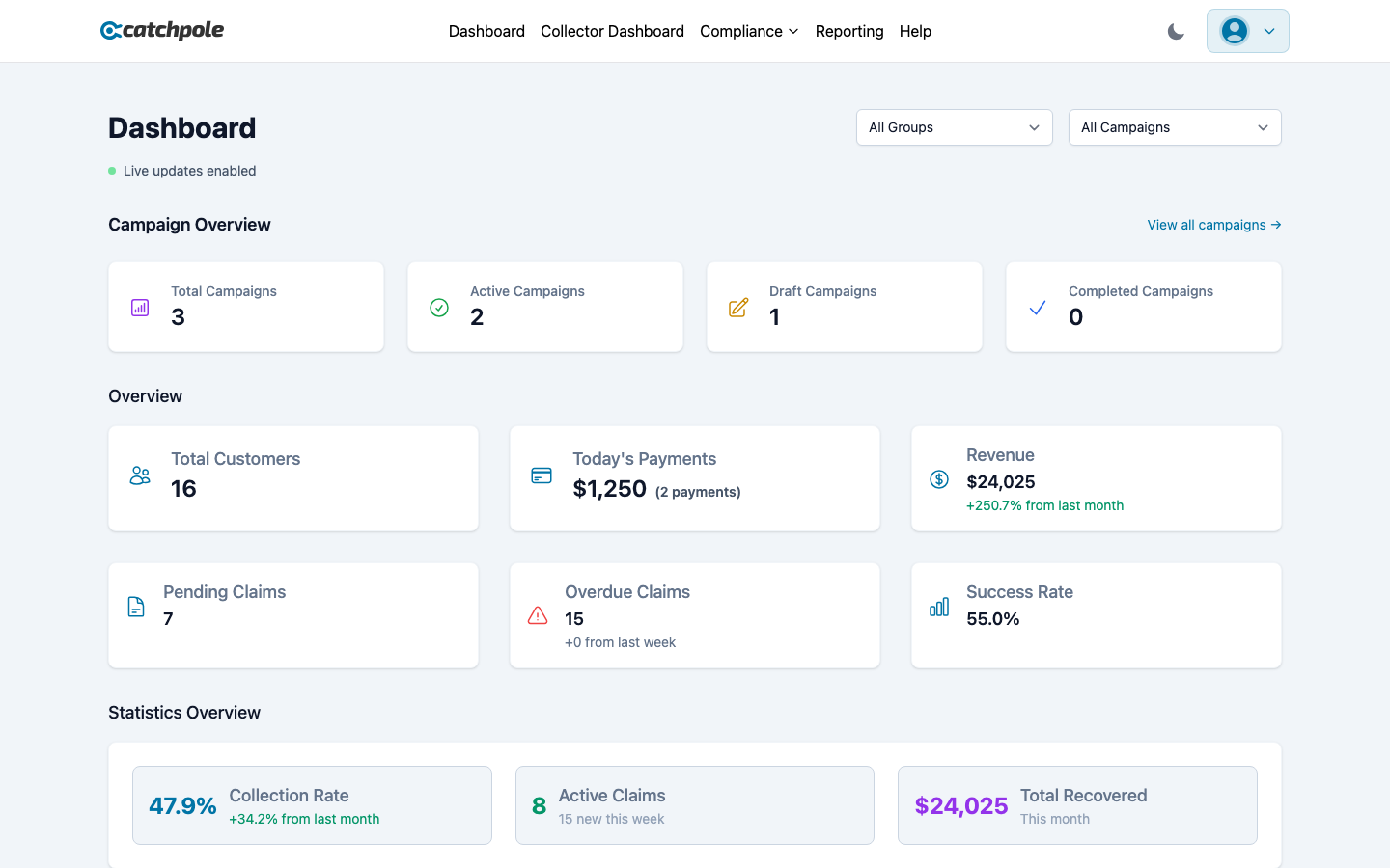Collector dashboard with customer details and action buttons