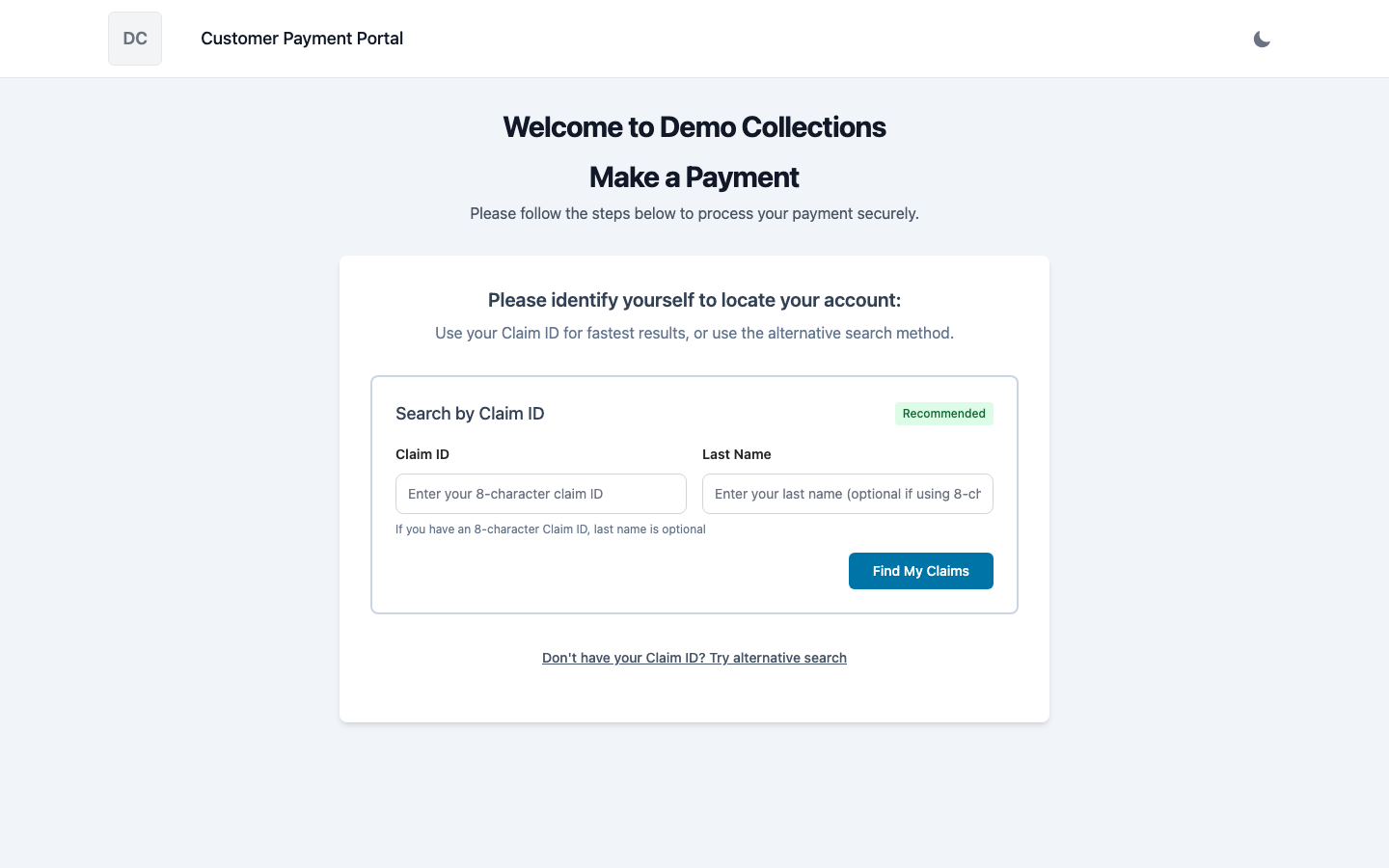 Customer-facing payment portal with account lookup