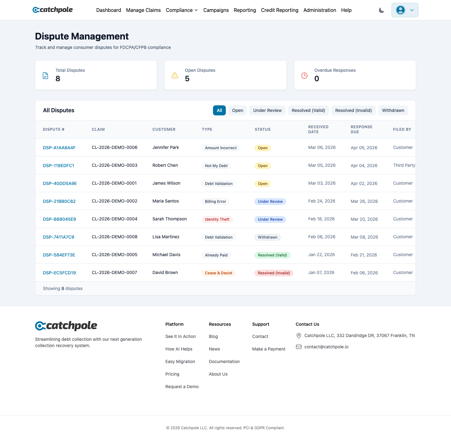 Dispute tracking with status, type, and resolution workflow