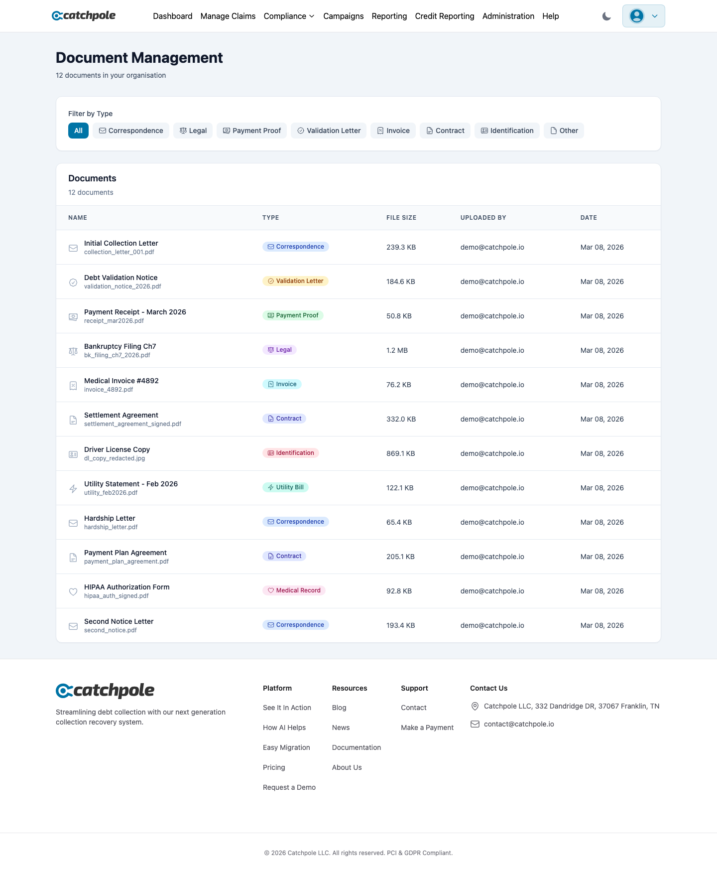 Document management with upload, categorization, and search
