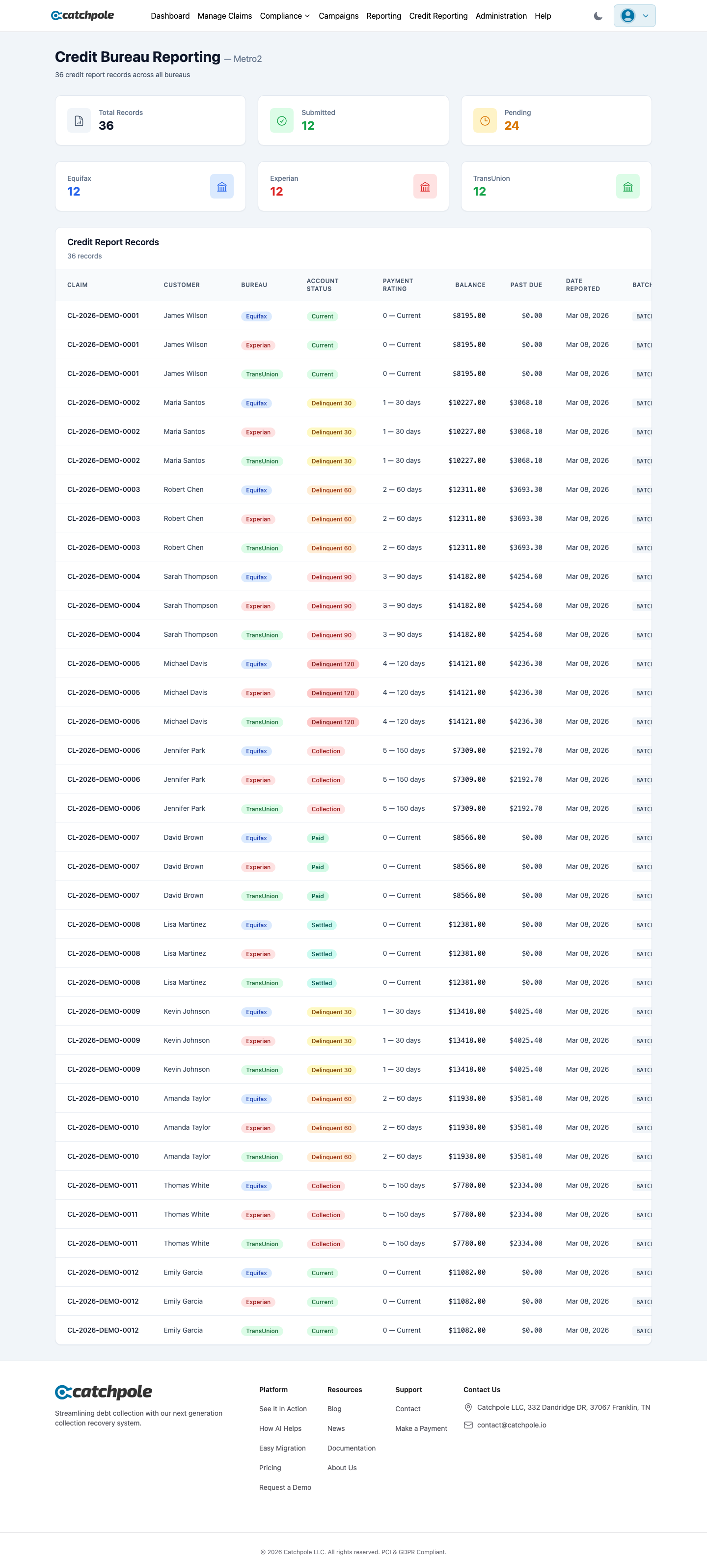 Metro2 credit bureau reporting with file generation and status tracking
