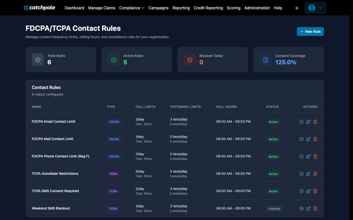 FDCPA/TCPA contact rules configuration